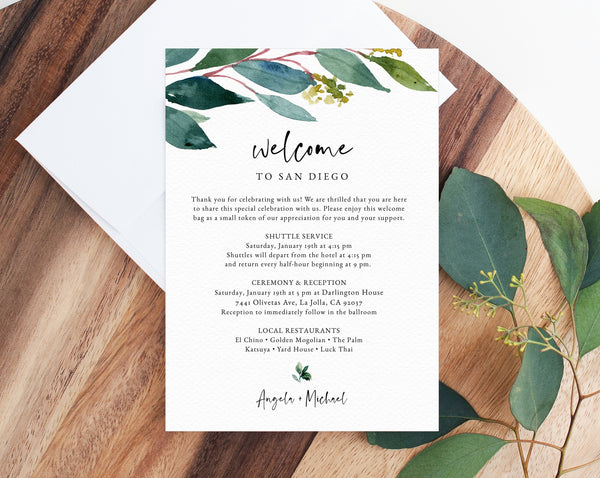 Greenery Welcome Letter Template, Wedding Itinerary Card, Welcome Bag Letter, Wedding Agenda, Printable Hotel Welcome Note, Templett, W28