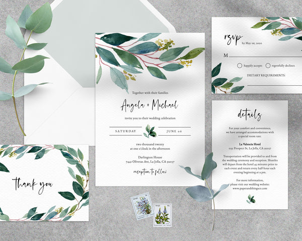Greenery Wedding Invitation Template, Printable Wedding Invitation Set, Watercolor Greenery Wedding Invitation Digital File, Templett, W28B