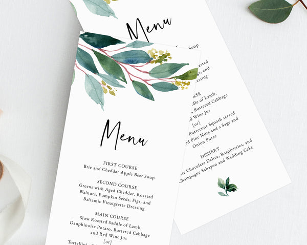 Greenery Wedding Menu Template, Printable Wedding Dinner Menu, DIY Greenery Wedding Menu Card, Instant Download, Templett, W28