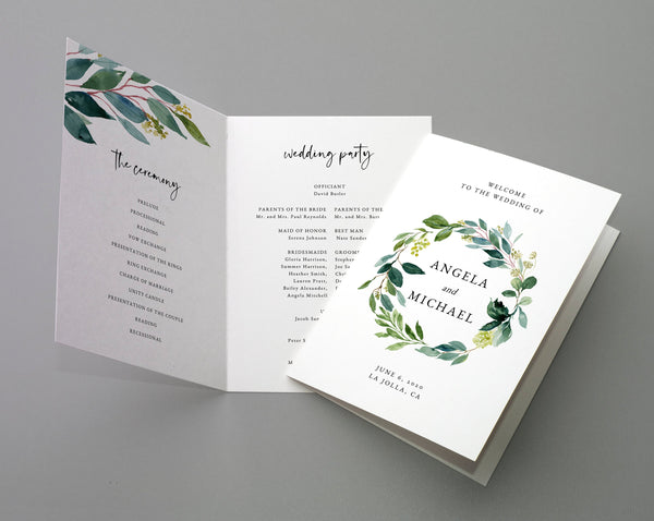 Bi-Fold Greenery Wedding Program Template, Printable Folded Wedding Program Booklet, Book Fold Order of Ceremony, Templett, W28