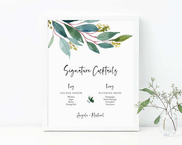 Greenery Wedding Signature Cocktails Sign Template, His and Hers Signature Drinks Menu Sign, Wedding Bar, Instant Download, Templett, W28