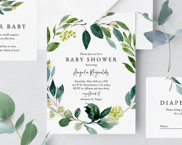 INSTANT DOWNLOAD Greenery Baby Shower Invitation Template, Printable Baby Shower Invitation, Baby Shower Invitation, Templett, B11