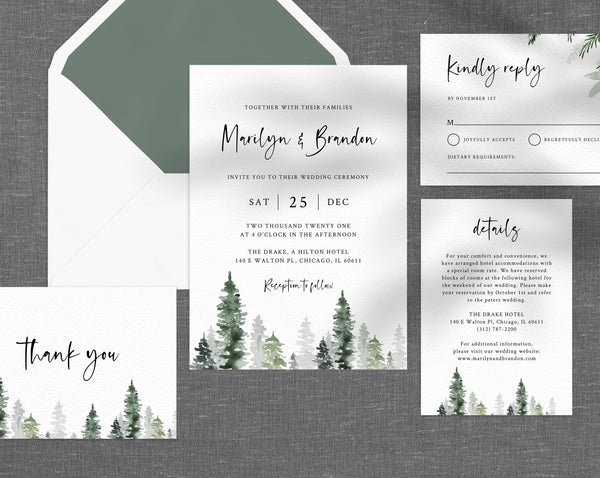 Pine Trees Wedding Invitation Template, Printable Winter Wedding Invitation Suite, Wedding Invitation Set, Holidays Themed, Templett, W47