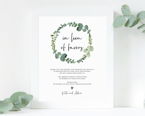 In Lieu of Favors Sign Template, Greenery In Lieu of Favors Sign, Editable In Lieu of Favors Sign, Wedding Donation Sign, Templett, W48