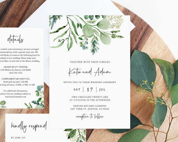 Greenery Wedding Invitation Template, Printable Wedding Invitation Set, Watercolor Eucalyptus Greenery Wedding Invitation, Templett, W48