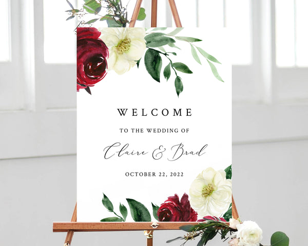 Burgundy Wedding Welcome Sign Template, Welcome to the Wedding Printable, Burgundy Floral Welcome Board, Instant Download, Templett, W49