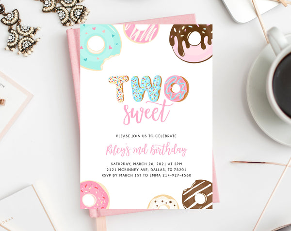 Two Sweet Birthday Invitation Template, Donut 2nd Birthday Party Invitation, Printable Donut Themed Invite, Instant Download, Templett