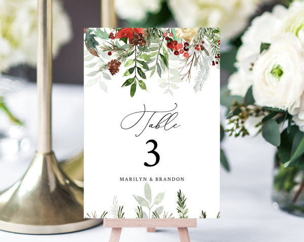 Christmas Wedding Table Number Template, Printable Winter Wedding Table Numbers, Holidays Table Numbers Card Template, Templett, W46