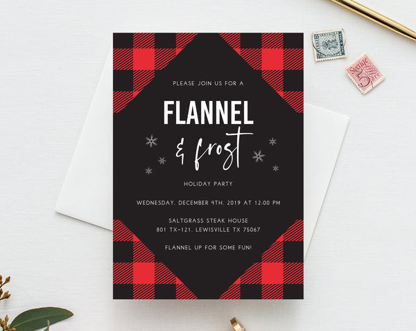 Flannel & Frost Christmas Party Invitation Template, Printable Flannel Holiday Party Invite, Buffalo Plaid Winter Party, Templett