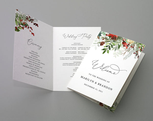 Bi-Fold Christmas Wedding Program Template, Printable Folded Wedding Program Booklet, Editable Winter Wedding Program, Templett, W46