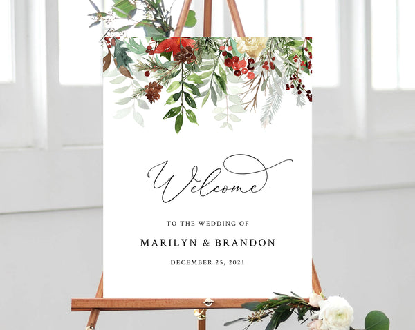 Winter Wedding Welcome Sign Template, Printable Watercolor Christmas Wedding Welcome Sign, Berries and Greenery, Templett, W46