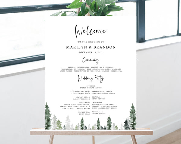Pine Tree Wedding Program Sign Template, Printable Forest Wedding Welcome Program, Order of Service, Wedding Party, Templett, W47