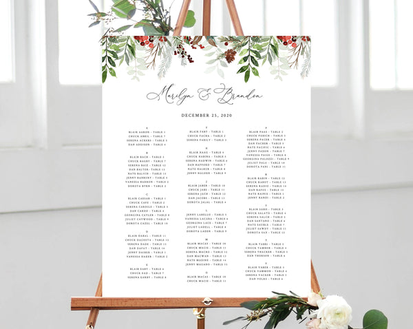 Winter Wedding Seating Chart Template, Alphabetical Seating Chart, Christmas Wedding Seating Board, Instant Download, Templett, W46