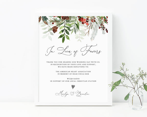 In Lieu of Favors Sign Template, Editable Winter Wedding In Lieu of Favors Sign, Christmas Wedding Donation Sign, Templett, W46