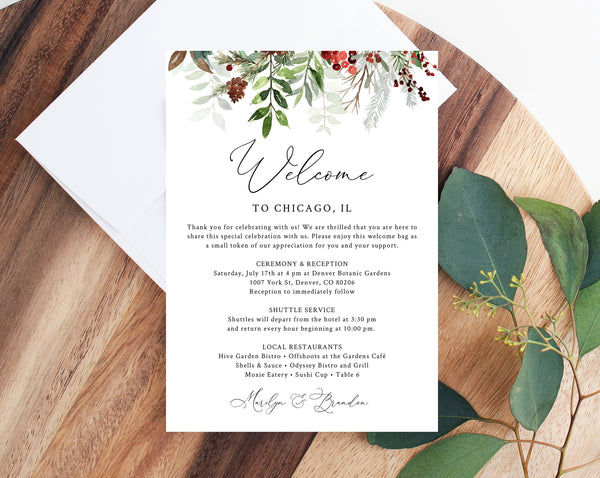 Welcome Letter Template, Christmas Wedding Itinerary Card, Welcome Bag Letter, Wedding Agenda, Printable Hotel Welcome Note, Templett, W46