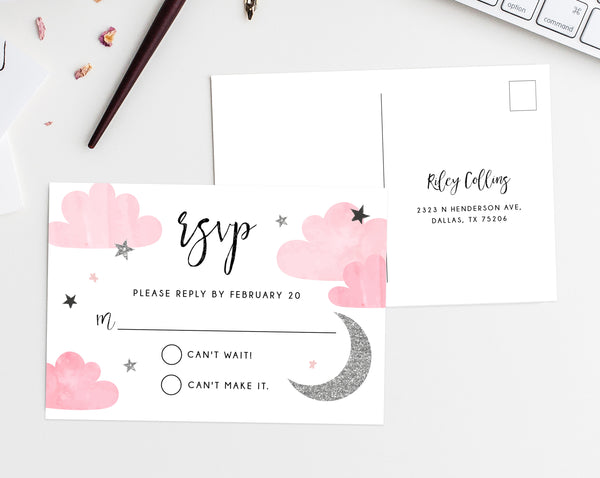Two the Moon RSVP Template, Printable RSVP Card, Moon and Stars Response Card, Instant Download, Templett