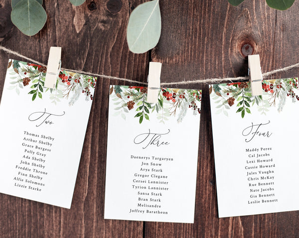 Wedding Seating Chart Template, Winter Seating Plan Cards, Christmas Wedding Table Card, Instant Download, Templett, W46