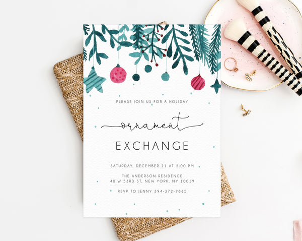 Ornament Exchange Party Invitation Template, Christmas Ornament Exchange Invitation, Printable Holiday Ornament Party Invite, Templett