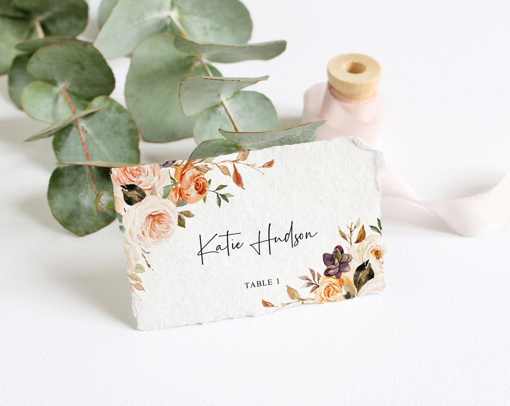 Rustic & Nude Wedding Place Cards Template, Golden Warm Floral Wedding ...