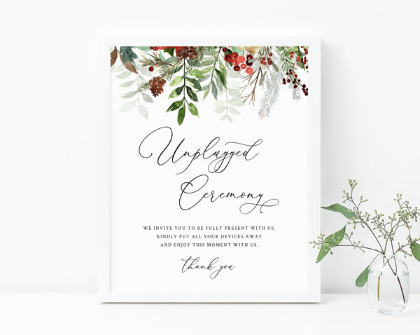 Winter Wedding Unplugged Ceremony Sign Printable, Christmas Wedding Unplugged Ceremony, Switch Cellphone, Devices Away, Templett, W46