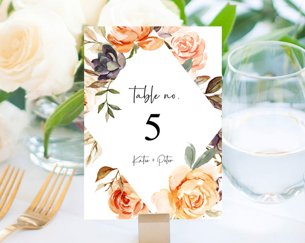 Rustic & Nude Floral Wedding Table Number Template, Printable Warm Golden Flower Wedding Table Numbers, Wedding Centerpiece, Templett, W51