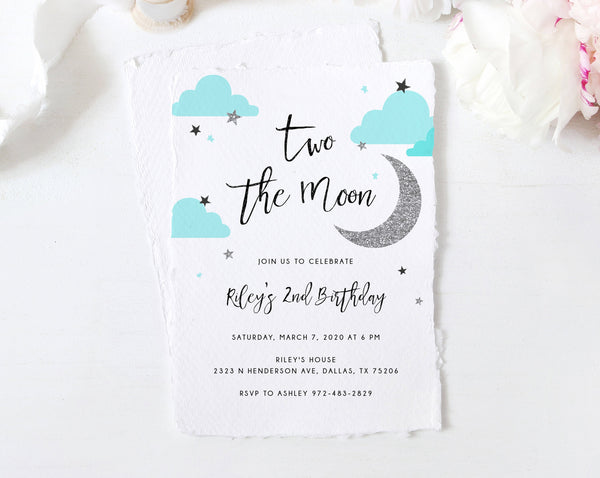 Two the Moon Invitation Template, Printable 2nd Birthday Invite, Moon Birthday Invitation, Instant Download, Templett