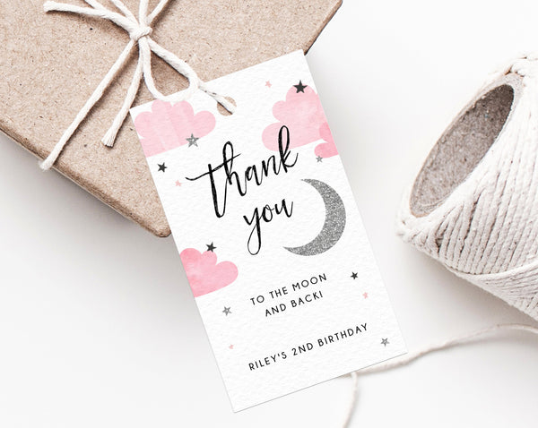 Two The Moon Favor Tag Template, Thank You To The Moon And Back Favor Tag, Gift Tag, Silver Moon Birthday Party Favor Label, Templett