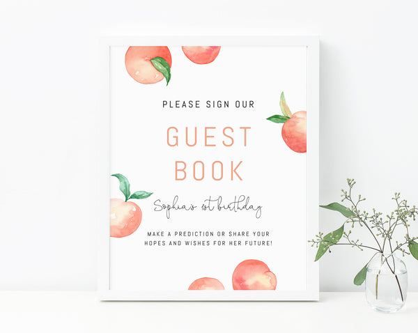 Peach Birthday Guest Book Sign Template, Printable Advice and Wishes Sign, Little Peach Themed Birthday Signs, Instant Download, Templett, B15