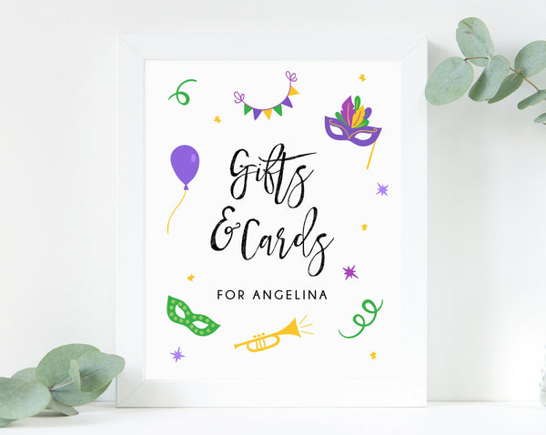 Mardi Gras Gifts and Cards Sign, Printable Mardi Gras Themed Birthday Cards and Gift Sign, Mardi Gras Party Sign, Templett