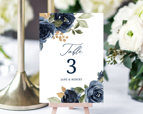 Navy & Gold Floral Wedding Table Number Template, Printable Navy Wedding Table Numbers, Floral Table Numbers Card Template, Templett, W27