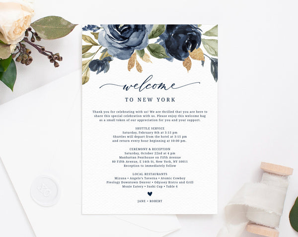 Navy & Gold Welcome Letter Template, Wedding Itinerary Card, Welcome Bag Letter, Wedding Agenda, Printable Hotel Welcome Note, Templett, W27