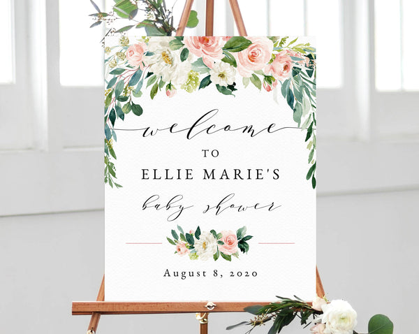 Welcome Sign Template, Blush Pink Baby Shower Welcome Sign, Printable Welcome Sign, Watercolor Blush Floral Welcome Sign, Templett, B29