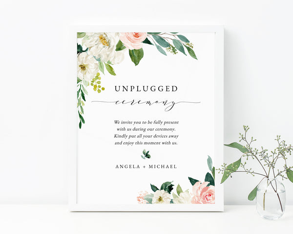 Blush Floral Unplugged Ceremony Sign Printable, Blush Wedding Unplugged Ceremony, Switch Cellphone, Devices Away, Templett, W29
