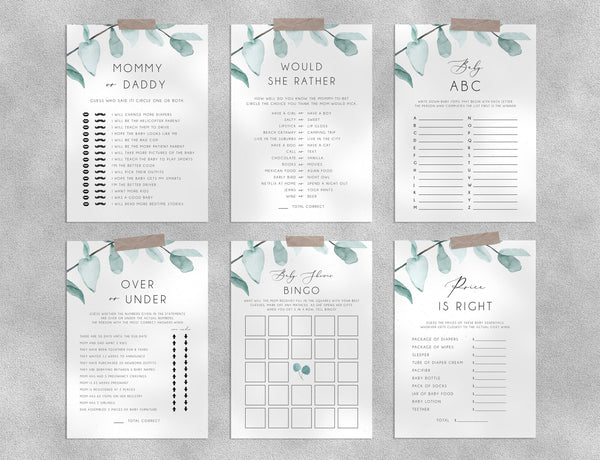 Greenery Baby Shower Game Templates Bundle, Eucalyptus Baby Shower Games Instant Download, Templett, B21