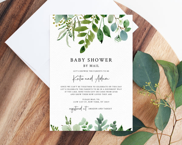 Baby Shower By Mail Template, Social Distancing, Greenery Baby Shower Invitation, Long Distance Baby Shower Template, Templett, B48