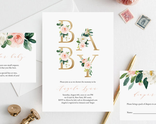 Blush and Gold Baby Shower Invitation Template, Printable Baby Shower, Baby Shower Invitation Set, Instant Download, Templett, B29
