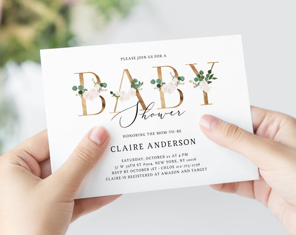 Greenery & White Floral Baby Shower Invitation Template, Printable Greenery and Gold Floral Baby Shower Invitation, Templett, B42