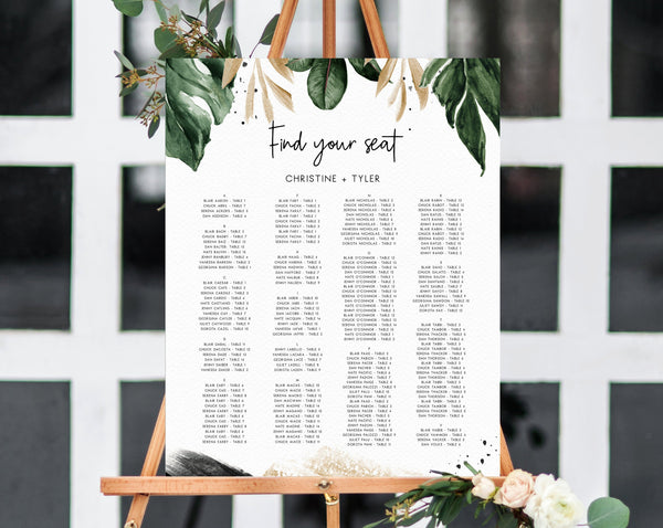 Tropical Wedding Seating Chart Template, Table Chart Printable, Palm Leaves Alphabetical Seating Chart Board, Wedding Sign, Templett, W44