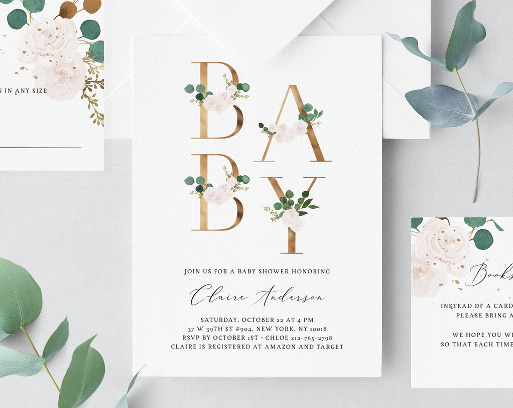 White and Greenery Baby Shower Template, Printable White Floral Baby S ...