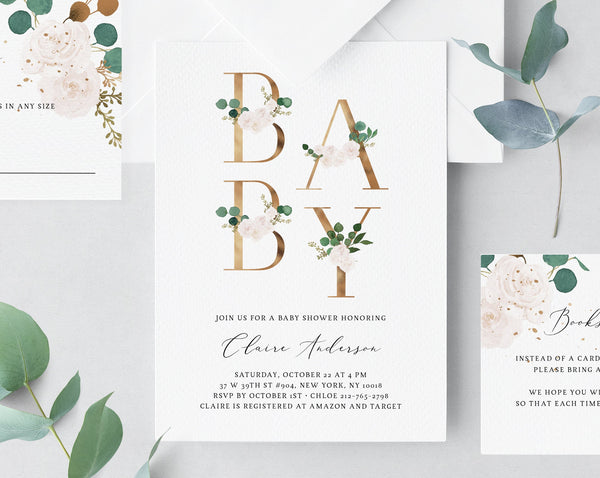 White and Greenery Baby Shower Template, Printable White Floral Baby Shower Invitation, Gold and White Baby Shower, Templett, B42