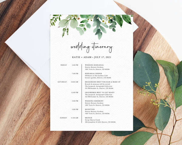 Wedding Itinerary Template, Greenery Wedding Timeline, Wedding Agenda, Wedding Timeline Program, Instant Download, Templett, W48