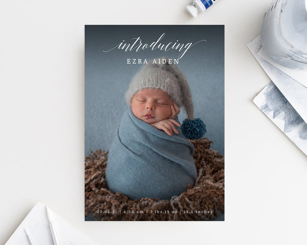 INSTANT DOWNLOAD Photo Birth Announcement Card, Introducing Baby Cards, 5x7 Photo Card Template, Printable Newborn Baby Cards,  Templett