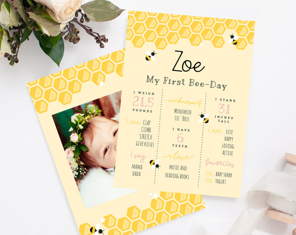 Bee Day First Birthday Announcement Template, Printable Birthday Announcement Cards, 5x7 Photo Card Milestone Template, Templett
