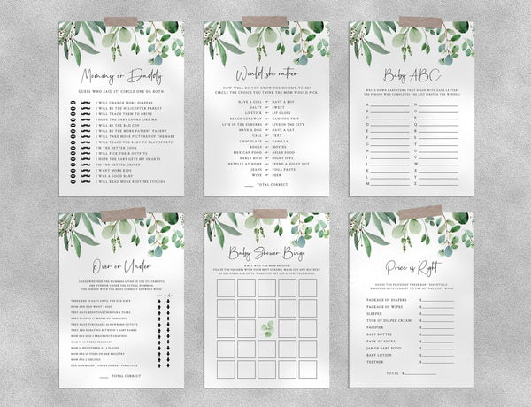 Greenery Baby Shower Game Templates Bundle, Eucalyptus Baby Shower Games Instant Download, Templett, B48
