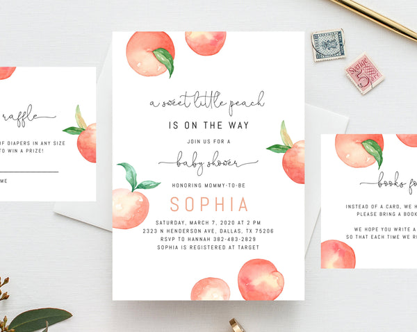 Peach Baby Shower Invitation Template, Printable Sweet Little Peach Baby Shower Invite, Peach Themed Baby Shower Invitation, Templett, B15