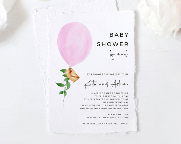 Baby Shower By Mail Template, Social Distancing, Pink Balloon Baby Shower Invitation, Long Distance Baby Shower Template, Templett, B36