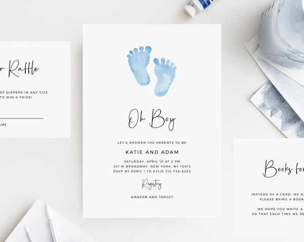 Baby Shower Invitation Template, Printable Minimalist Baby Shower, Blue Baby Feet Baby Shower Invitation, Templett, B36