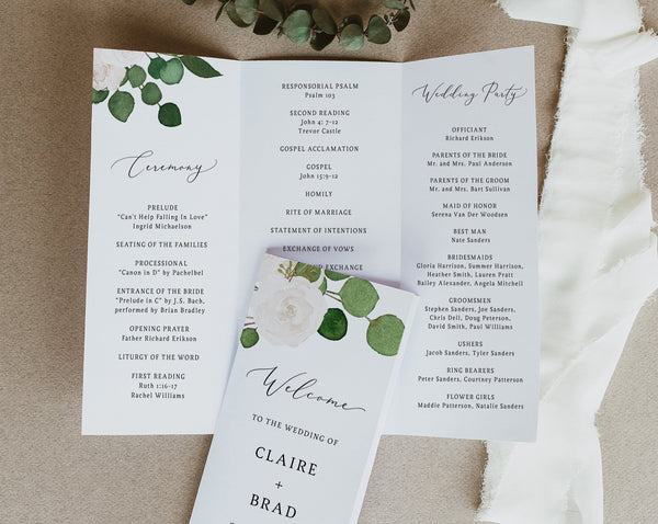 Tri-Fold Greenery Wedding Program Template, Printable Folded Wedding Program Booklet, Trifold Order of Ceremony, Templett, W42