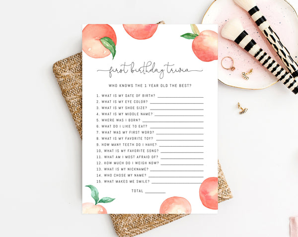 Peach 1st Birthday Trivia Game Template, Printable Peach Themed Birthday Game, Editable How Well Do You Know The 1 Year Old, Templett, B15