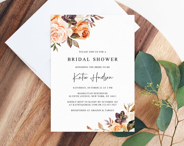 Rustic & Nude Bridal Shower Invitation Template, Printable Bridal Shower Invite, Warm Floral Bridal Invitation, Templett, W51